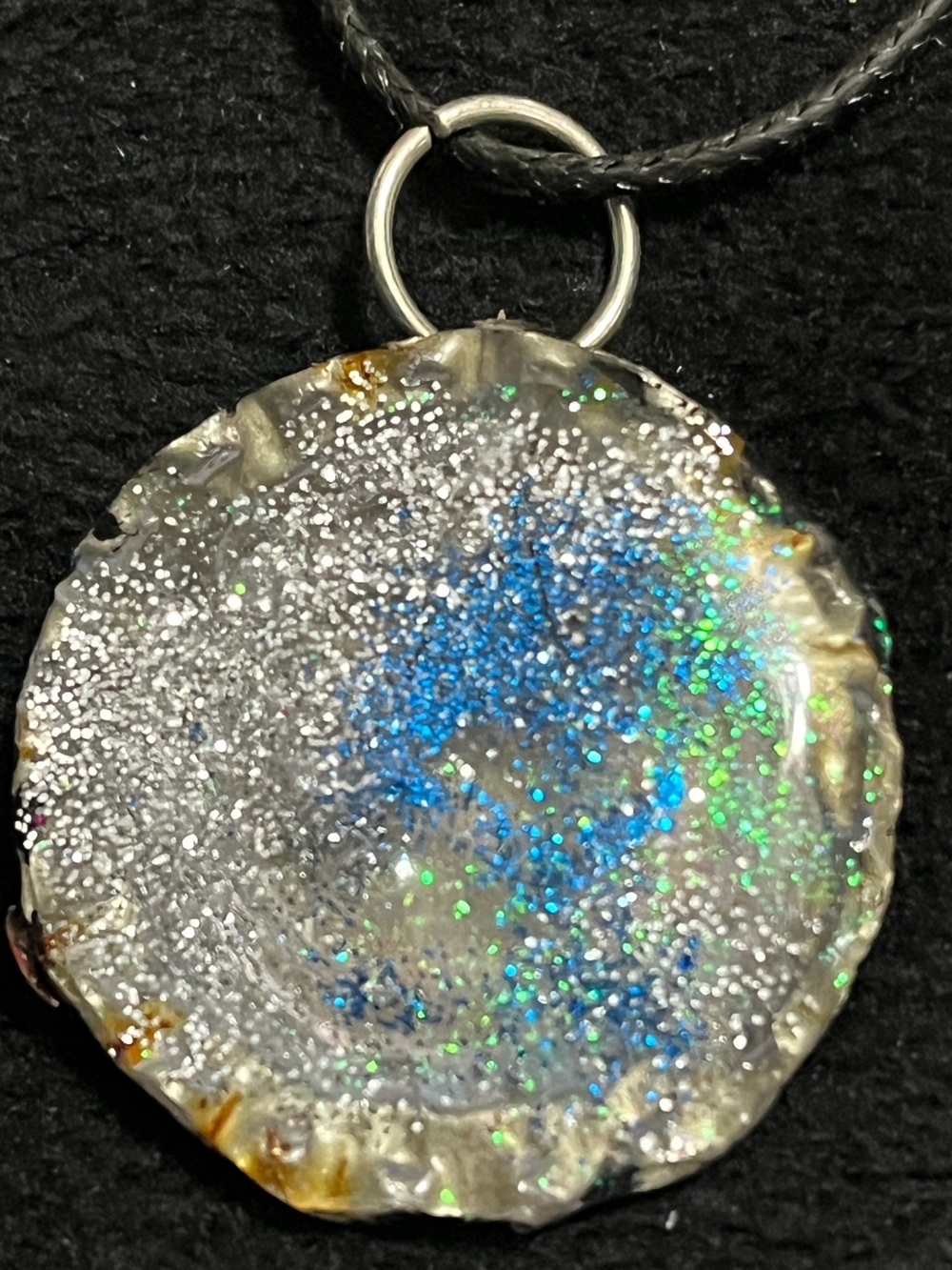 OOAK Handmade Resin Glitter Pendant Necklace Blue Green Silver